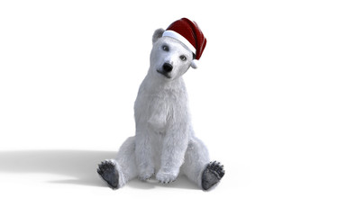 3d illustration polar bear cub isolated on white background with clipping path and santa hat.