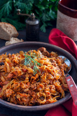 Traditional Polish bigos made from fresh and sour cabbage, selective focus