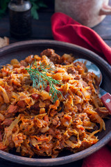 Traditional Polish bigos made from fresh and sour cabbage, selective focus