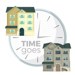 Process of house demolition symbolic illustration with clocks