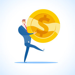 Vector flat illustration of businessman in blue suit and big golden coin standing isolate o n white background. Money cash business concept.