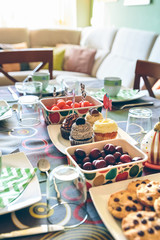 Table with tasty breakfast for party fun