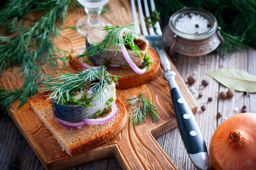 Marinated herring with dill on black bread with onion, selective focus