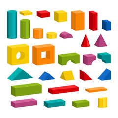 Bright colorful wooden blocks toy details. Bricks pieces for building childrens tower, castle, house. Vector volume style illustration isolated on white background.