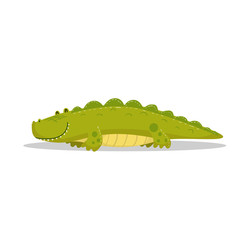 Fototapeta premium Cute cartoon trendy design little cheerful crocodile with closed eyes. African animal wildlife vector illustration icon.