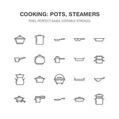 Pot, pan and steamer line icons. Restaurant professional equipment signs. Kitchen utensil - wok, saucepan, eathernware dish. Thin linear signs for commercial cooking store. Pixel perfect 64x64.