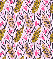 Vector seamless pattern with bright tropical flowers and palm leaf. Hand drawn background.