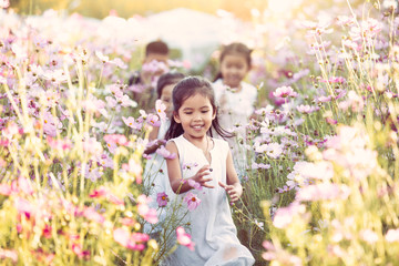 Happy asian children having fun to run and play together in the cosmos flower field in summer time