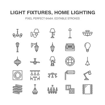 Light fixture, lamps flat line icons. Home and outdoor lighting equipment - chandelier, wall sconce, bulb, power socket. Vector illustration, signs for electric, interior store. Pixel perfect 64x64.
