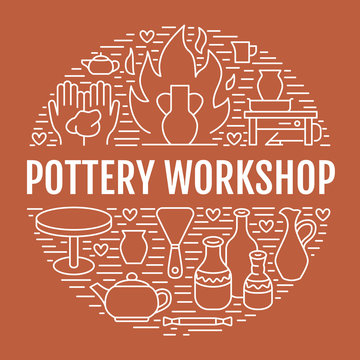 Pottery workshop, ceramics classes banner illustration. Vector line icon of clay studio tools. Hand building, sculpturing equipment. Art shop circle template with text.