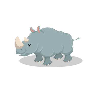 Cute cartoon trendy design cheerful rhino with closed eyes . African or safari animals wildlife vector illustration sticker icon.