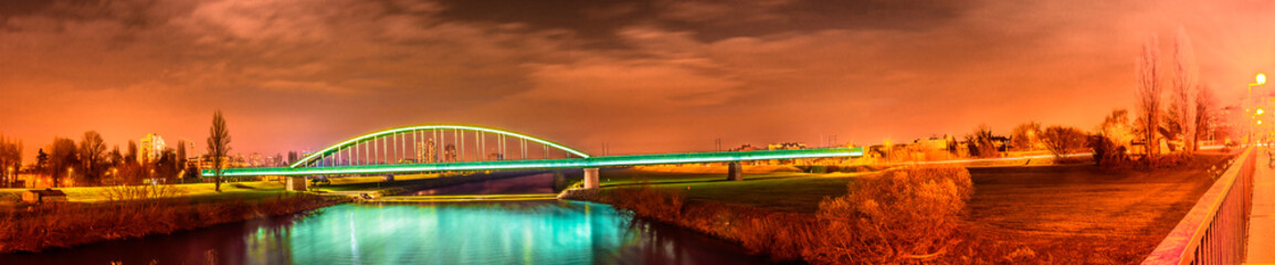Save river panorama night. / Scenic view at night panorama of River Sava in Zagreb city, european...