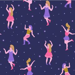 Vector seamless pattern with dancing girls. Party background.