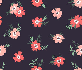 Trendy seamless floral ditsy pattern. Fabric design with simple flowers on the dark background. Vector garden pattern.