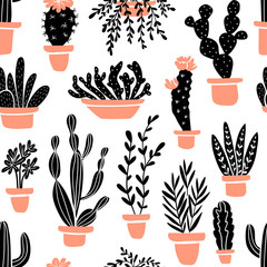 Succulents and cacti plants. Vector seamless pattern with  home garden cartoon cactus. Fabric design.