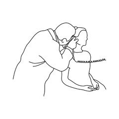male doctor check up an ear of female patient vector illustration outline sketch hand drawn with black lines isolated on white background. Comprehensive physical examination. asmr. Medical concept.