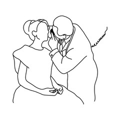 male doctor check up eye of female patient with equipment vector illustration outline sketch hand drawn with black lines isolated on white background. Comprehensive physical examination. asmr. 