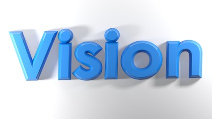 The word Vision, written with blue 3D letters laying on a white surface - 3D rendering