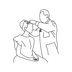 male doctor check up head and temple of female patient vector illustration outline sketch hand drawn with black lines isolated on white background. Comprehensive physical examination. asmr. 