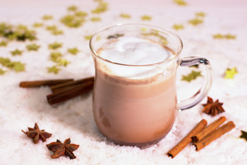 cocoa in a glass cup, selective focus