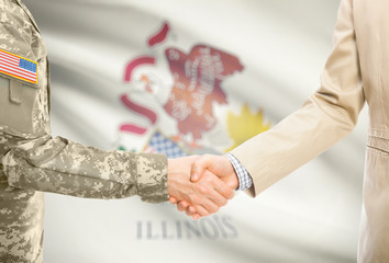 USA military man in uniform and civil man in suit shaking hands with certain USA state flag on background - Illinois