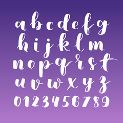 Ultra violet background. Hand written alphabet lettering. Vector set of letters.