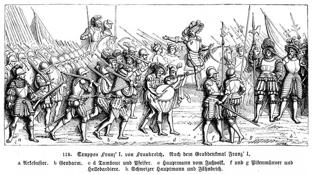 French army from tomb of Francis I of France aArquebusier bGendarme cDrummer dPipe-player eHauptmann fPikeman gHallebardier hSwiss Hauptmann and F&auml;hnrich (from Spamer, 1894, 5[1], 259)
