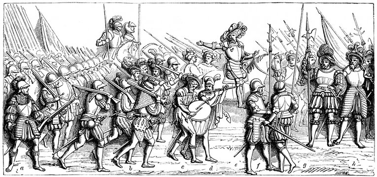 French army from tomb of Francis I of France aArquebusier bGendarme cDrummer dPipe-player eHauptmann fPikeman gHallebardier hSwiss Hauptmann and F&auml;hnrich (from Spamer, 1894, 5[1], 259)