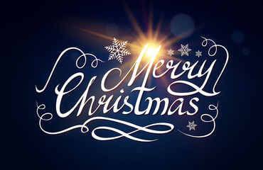 Merry Christmas Calligraphic Lettering with Elegant Gold Effects on Blue Background. Vintage Shining Design. Vector illustraion