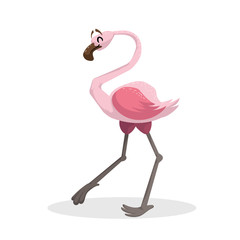 Cartoon trendy flat design standing flamingo with closed eyes. Tropical african animal. Vector illustration sticker  icon.