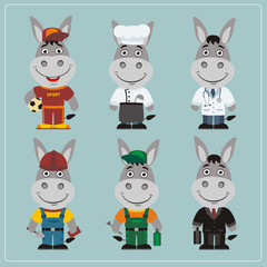 Set of donkey in different costumes: builder, sportsman, worker, a doctor, manager, cook. Collection of donkey in clothes in cartoon style.