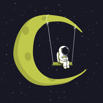Cute astronaut sits on swing in space.Character design.Childish vector illustration