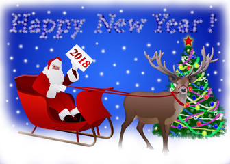 Santa Claus in a sleigh pulled by reindeer to the Christmas tree