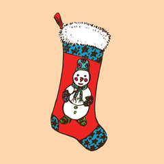 Christmas sock with snowman, hand drawn doodle sketch, isolated vector color illustration