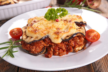 moussaka, aubergine,beef and tomato sauce
