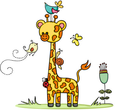 Giraffe in garden with animal friends