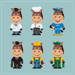Set of horse in different costumes: builder, sportsman, worker, a doctor, manager, cook. Collection of horse in clothes in cartoon style.