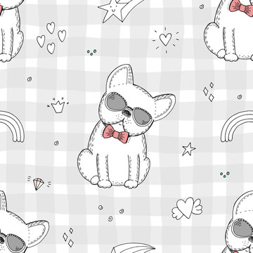 seamless pattern with Black and white vector sketch of a dog. Vector Illustration © iryna_boiko