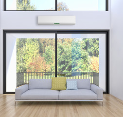 Modern bright interior with air conditioning 3D rendering illustration