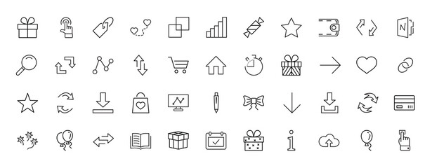 A set of gifts, vector line icons. Contains symbols gift cards, ribbons and more. Editable Stroke. 32x32 pixel.