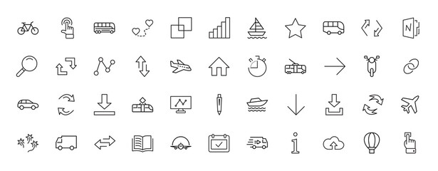 Set of Public Transport Related Vector Line Icons. Contains such Icons as Bus, Bike, Scooter, Car, balloon, Truck, Tram, Trolley, Sailboat, powerboat, Airplane and more. Editable Stroke. 32x32 Pixel