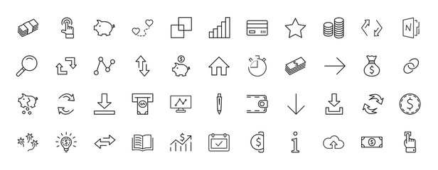 Set of Money Related Vector Line Icons. Contains such Icons as Money Bag, Piggy Bank in the form of a Pig, Wallet, ATM, Bundle of Money, Hand with a Coin and more. Editable Stroke. 32x32 Pixel Perfect