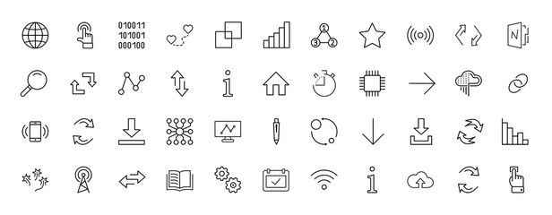 Naklejka na ściany i meble Set of Data Analysis Related Technology Vector Line Icons. Contains such Icons as Charts, Wi-fi, Graphs, Traffic Analysis, Big Data and more. Editable Stroke. 32x32 Pixel Perfect