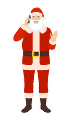 Santa Claus talking on the mobile phone and greeting someone with his hand raised up
