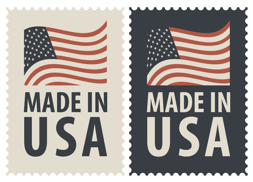 Set of two postage stamps with the words Made in USA and image of the American flag. Vector illustration of stamps of the United States of America