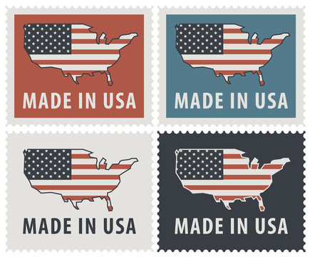Vector set of four postage stamps of the United States of America. Image of the map of America in colors of the national flag with words Made in USA
