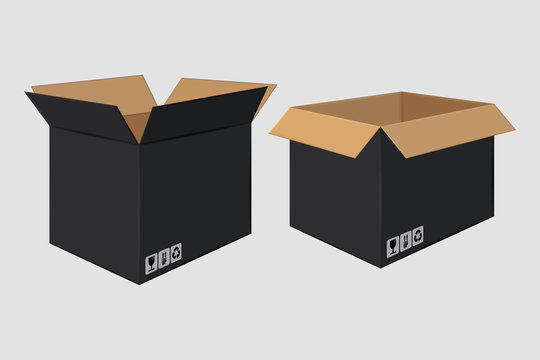 Cardboard Open Black Box. Side View. Package Design