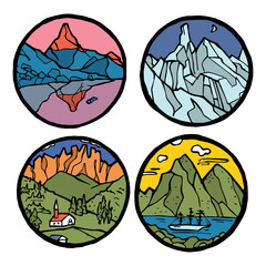 Fototapeta premium Mountain landscape icon set. 