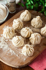 Raw Georgian dumplings - Khinkali (Chinkali) with minced meat an