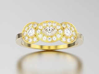 3D illustration yellow gold three stone solitaire engagement ring